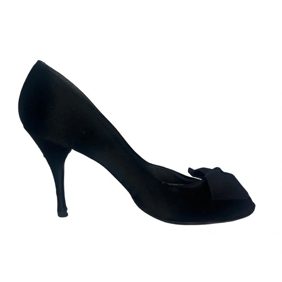 Stuart Weitzman Satin Open  Peep Toe High Heels Bow Accents | Black | Siz… - Picture 12 of 16